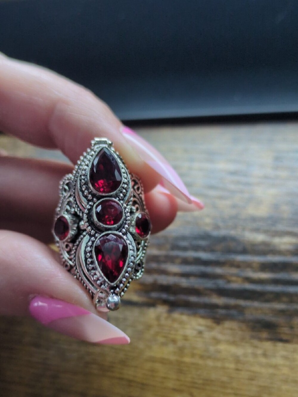 Vintage-Inspired Locket/Poison Ring with Red Garnet Stones+925 Silver